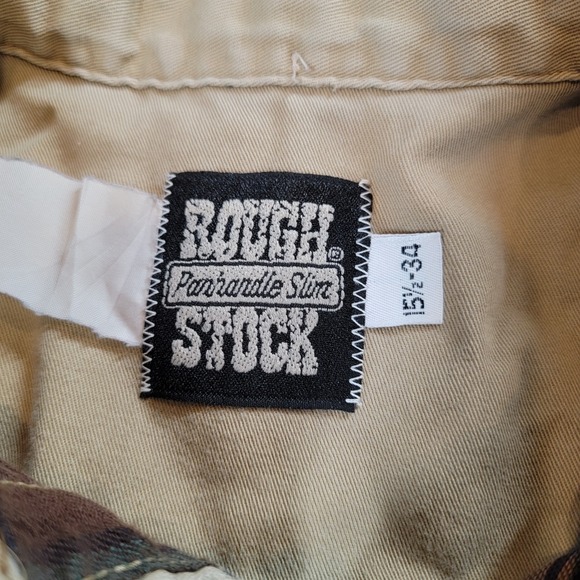 Vintage Rough Stock Panhandle Slim sz 15 1/2 -34 Brown Blue Plaid Button Shirt - Picture 9 of 9